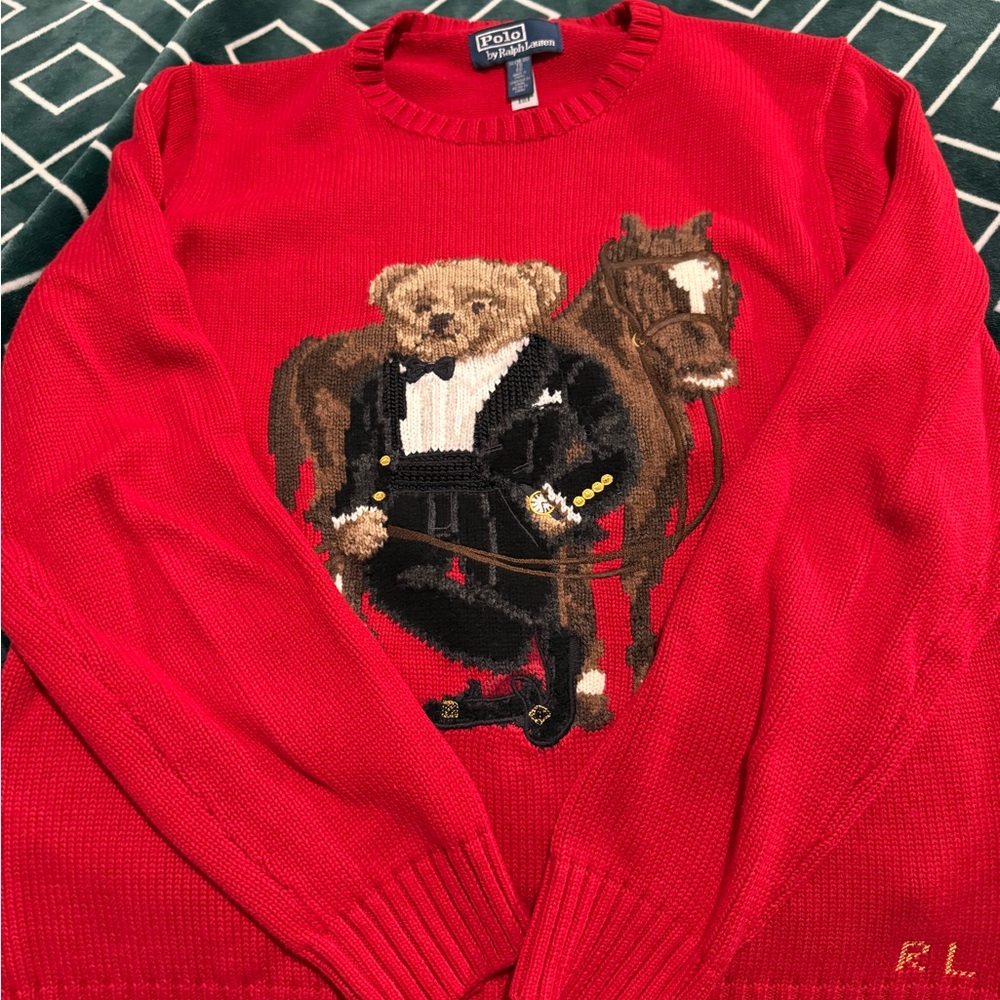 Ralph Lauren Red Crewneck Sweater with Bear & Horse Intarsia - Picture 2 of 4